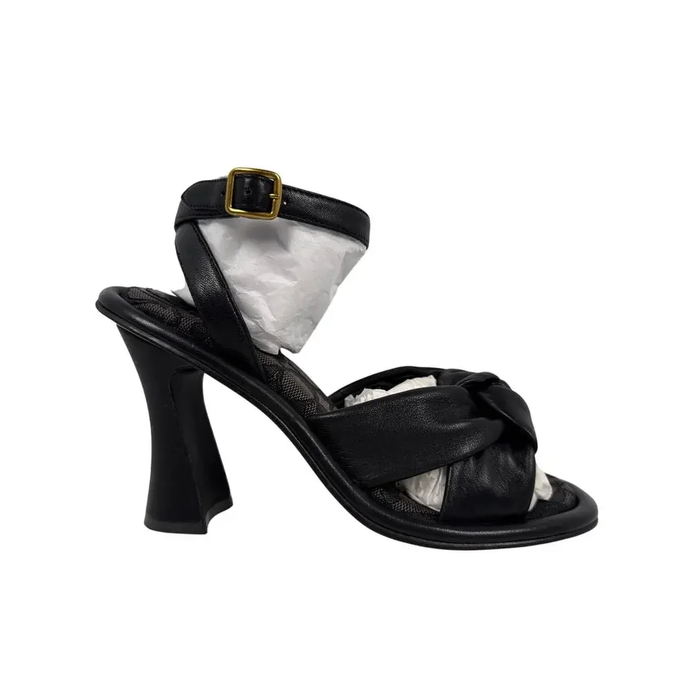 Coach Quincey Black Leather Heeled Sandals Womens 7 B Top Knot Comfort Jacquard - Picture 3 of 15